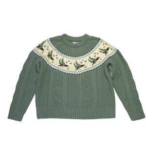 NWT L.L. Bean Women's Signature Cotton Fisherman Sweater in Green Ducks Knit L